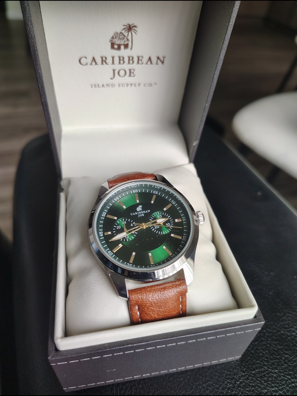 Caribbean Joe Green Dial Leather Strap Watch